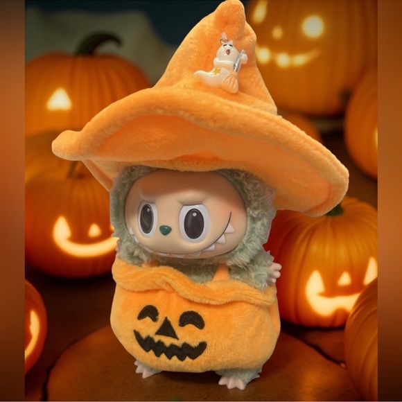 Halloween Pumpkin costume and hat for Labubu monster dolls NEW + sticker bonus - Picture 1 of 7